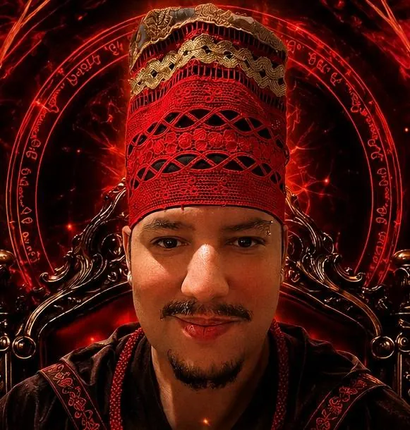 Pai de Axé com gorro vermelho e dourado, sentado em um trono diante de um círculo de luz vermelha